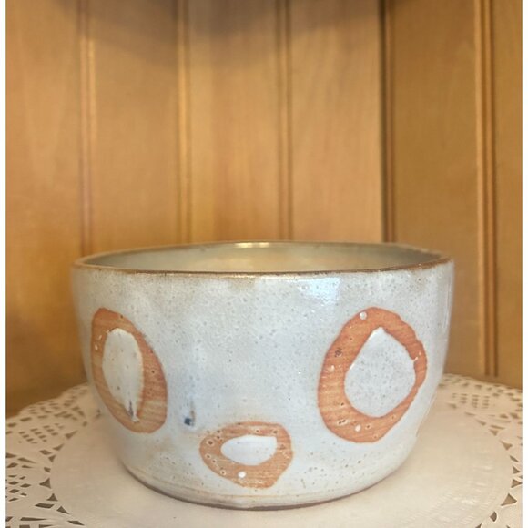 Studio Pottery Rustic Ceramic Bowl Gray Brown Abstract Circular Polka Dot Patter - Picture 6 of 7